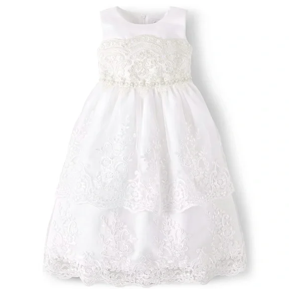 gymboree lace dress Girls Long Sleeve Contrast Lace Ruffle Dress - Petit Paris - WHITE